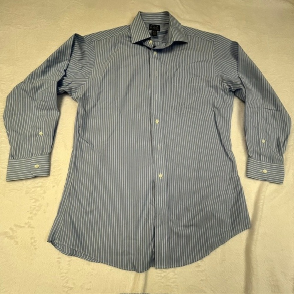 Jos. A. Bank Mens 15.5 32 Tailored Fit Traveler's Collection Blue Stripe Shirt
